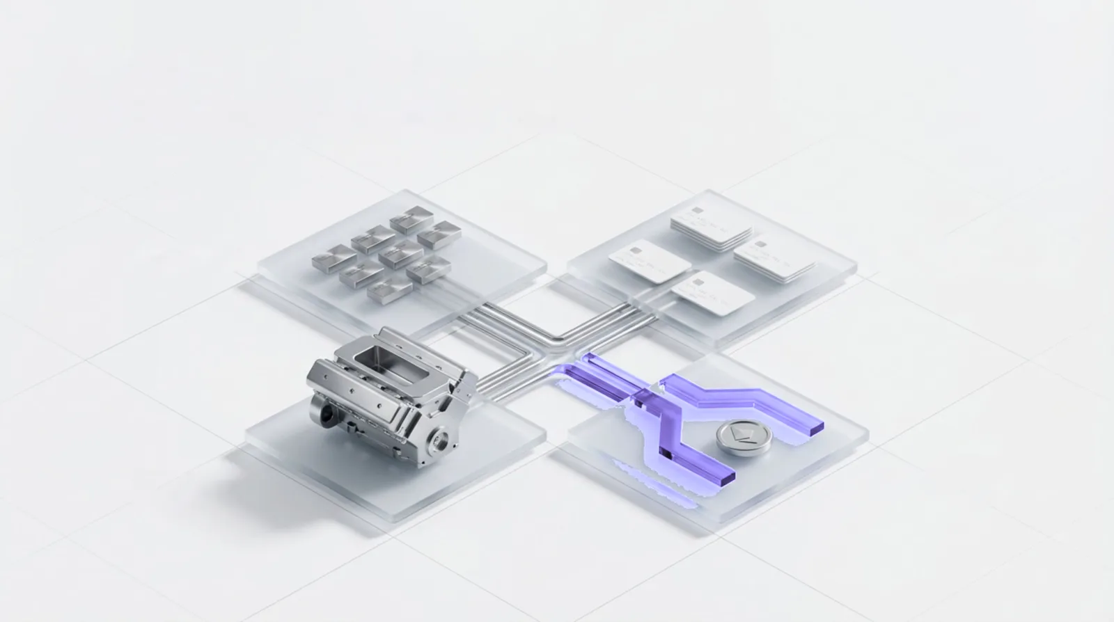 Machined modules linked across frosted glass plates by violet channels