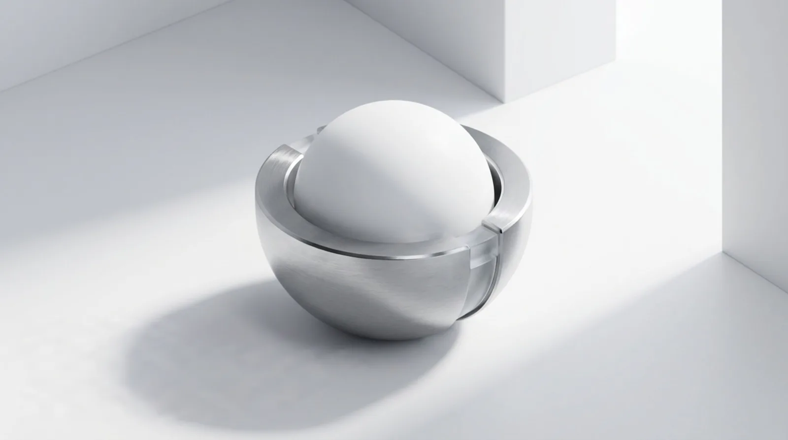 A matte white ceramic sphere cradled in a machined aluminum clamp
