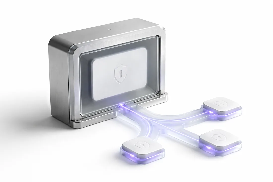 A shield-embossed aluminum vault routes periwinkle light channels out to three white ceramic node tiles