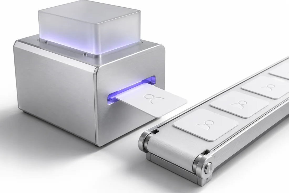 An aluminum press extrudes fresh white ceramic cards through a violet-lit slot onto a conveyor