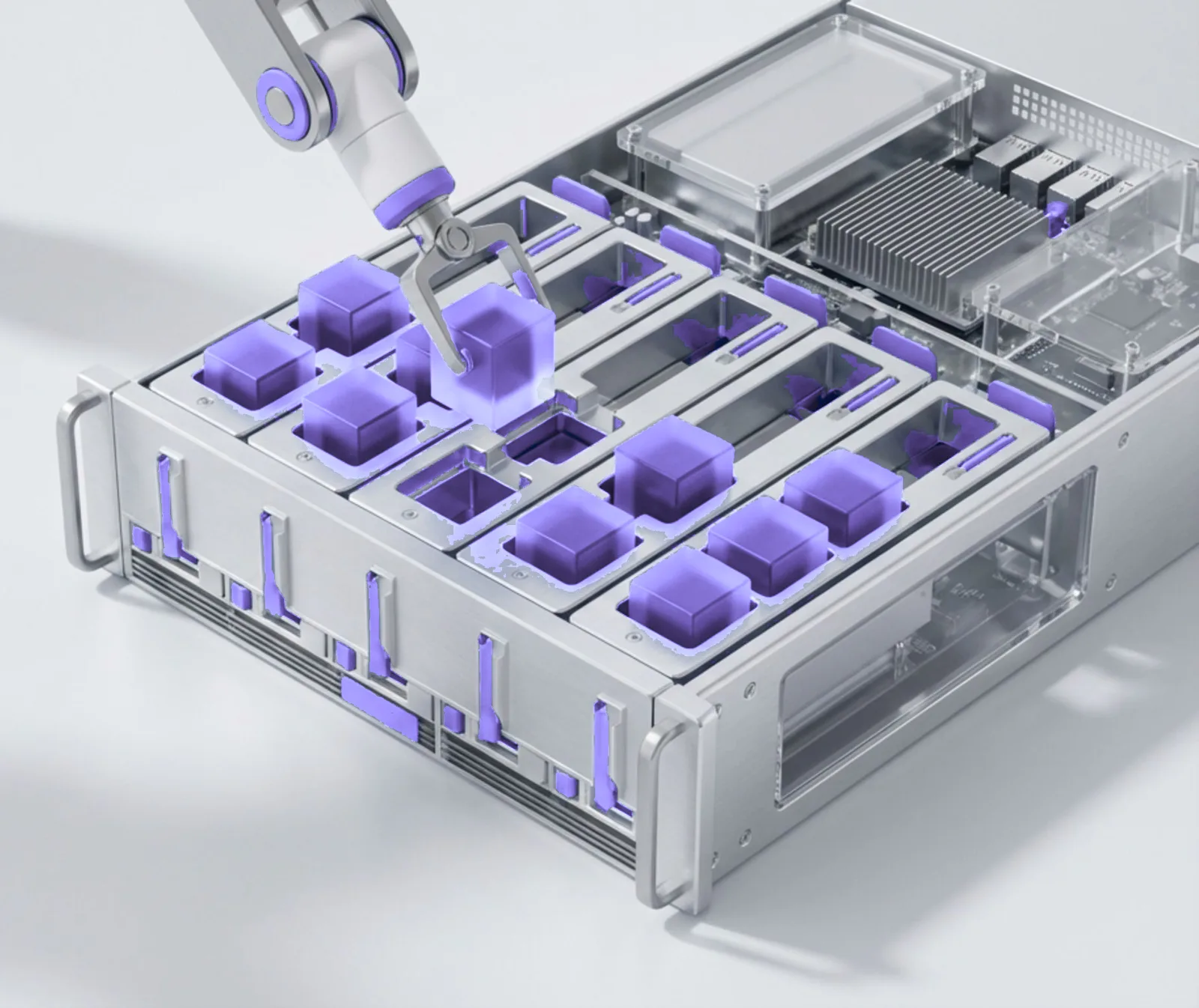 A brushed-aluminum server bay where a robotic arm lowers a glowing violet cube into a slot