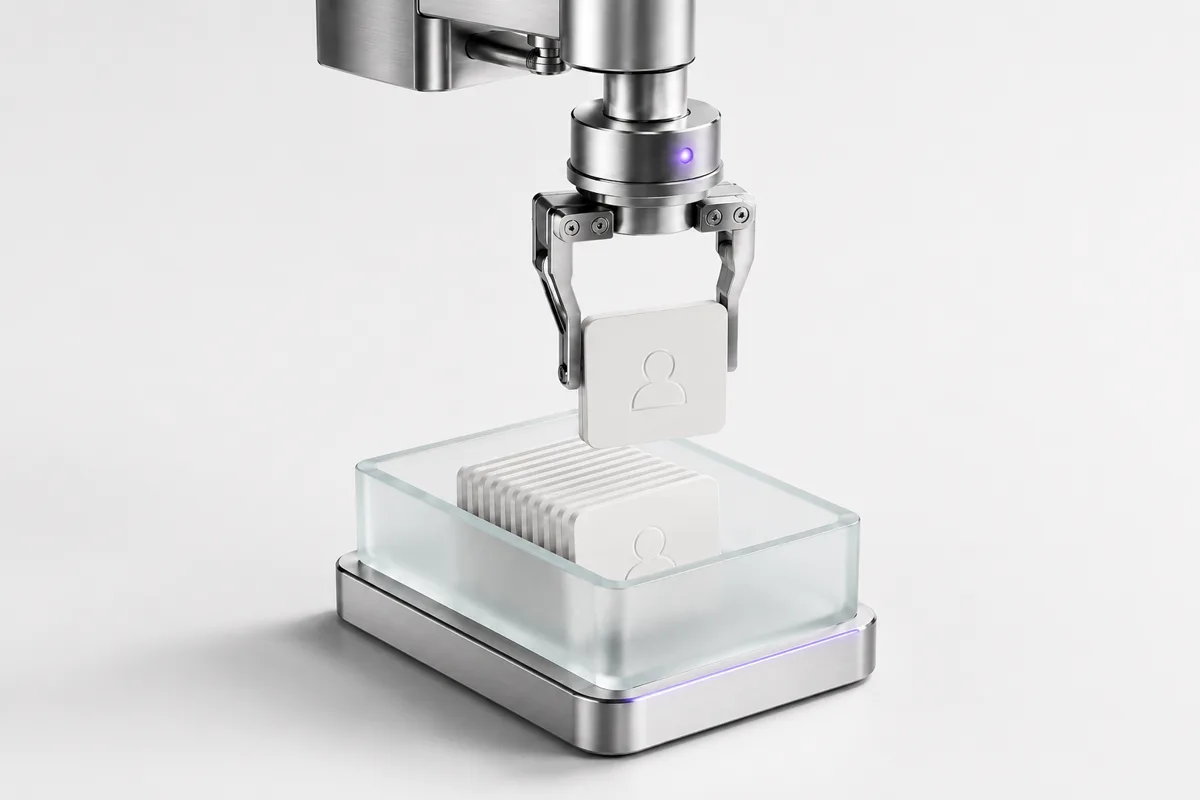A robotic gripper holds a white ceramic identity card above a frosted glass tray of stacked cards