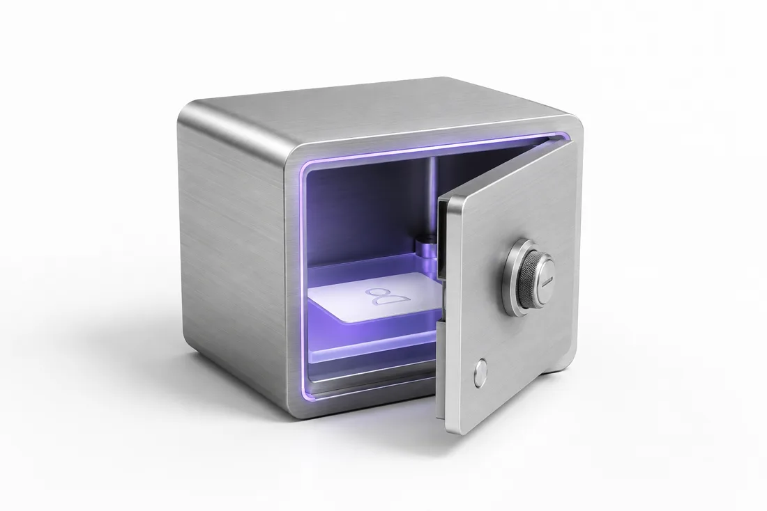 An open brushed-aluminum safe glowing violet with a single white ceramic ID card inside