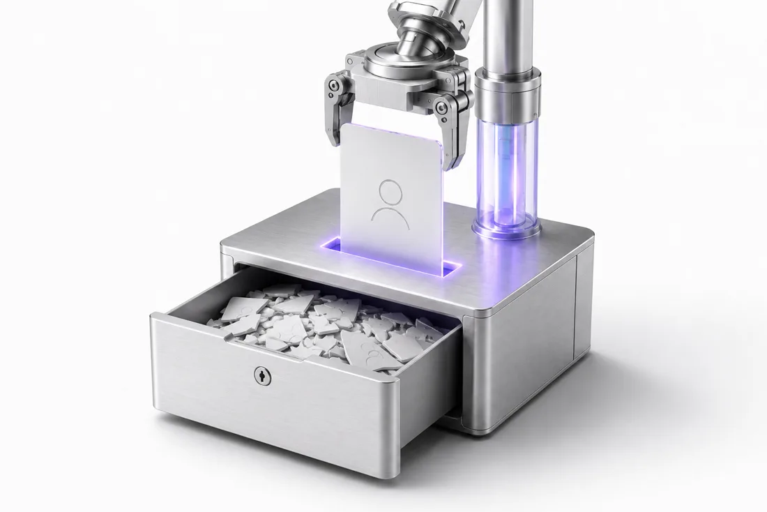 A gripper drops a white ceramic card into a violet slot above a drawer of shredded card fragments