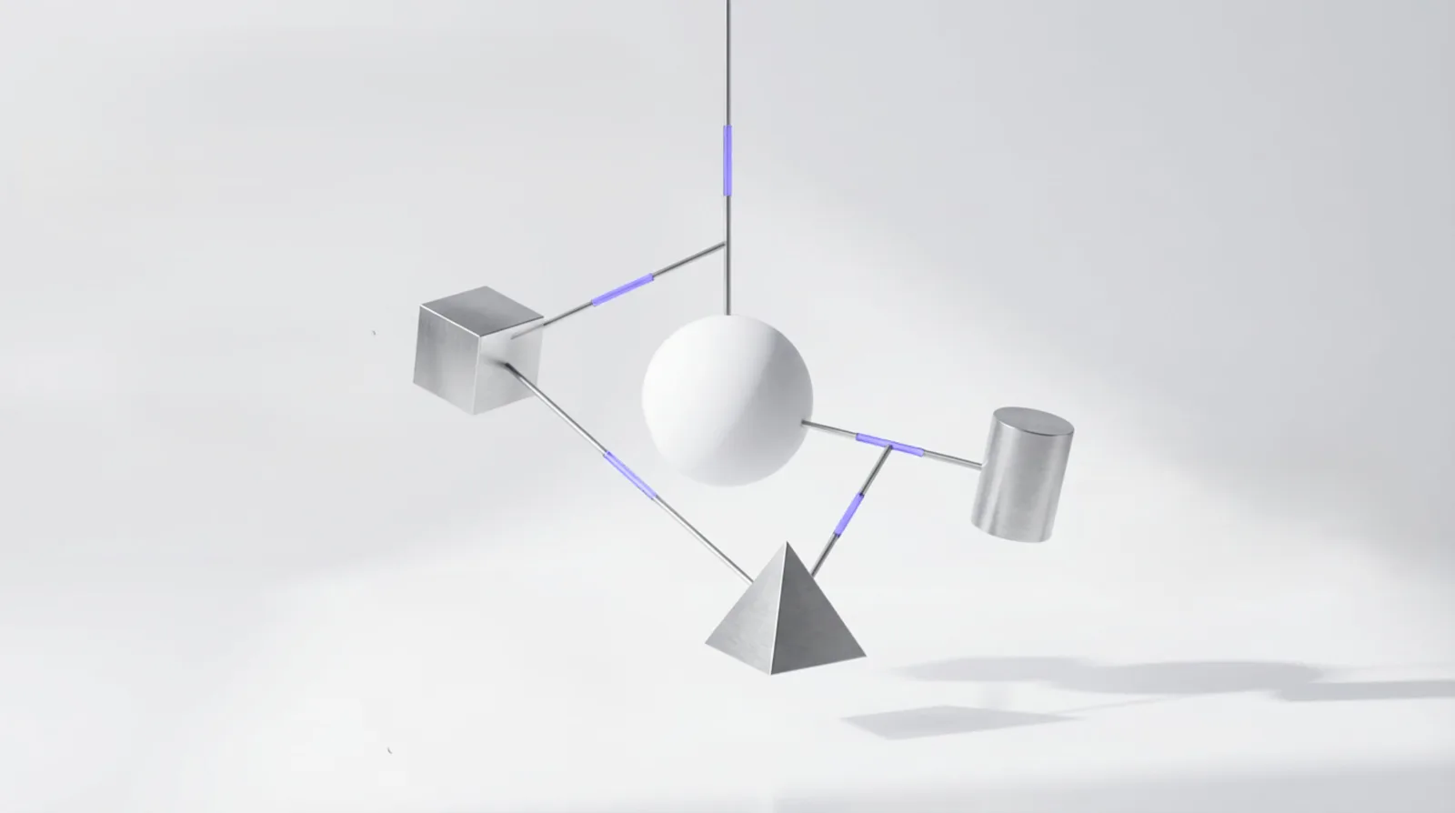 Machined shapes held in balance by slender linked rods with periwinkle joints