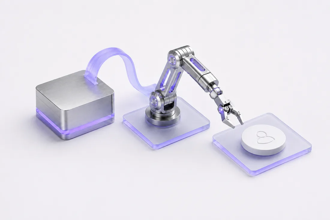A robotic arm on frosted glass tiles lifts a white ceramic identity token tethered by a periwinkle ribbon