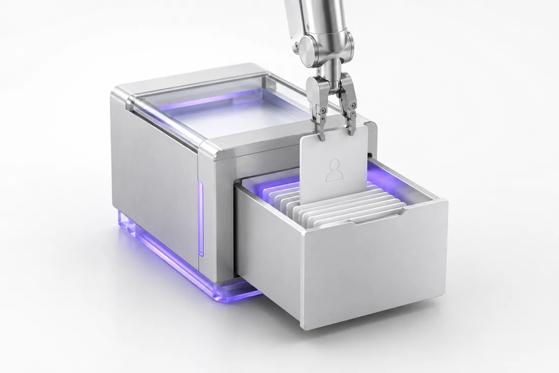 A robotic arm lifts one white ceramic ID card from an aluminum drawer of stored cards